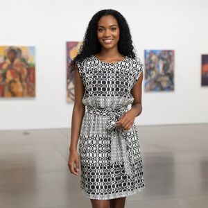 GNW Black & White Dress Geometric Print Lined Self Tie Belt Office Wear | Sz XL